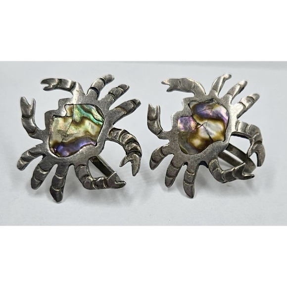 Vtg Mexico Taxco Sterling Abalone Shell CRAB Earrings Screw Back Signed 1950's - Picture 1 of 3